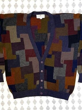 Y2K Peruvian Connection 100% Alpaca Cardigan - Bolivia Geometric Patchwork - XL